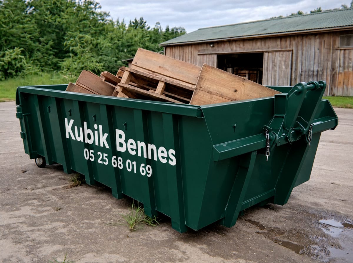 Benne Kubik Bennes chargée de palettes et de planches de bois