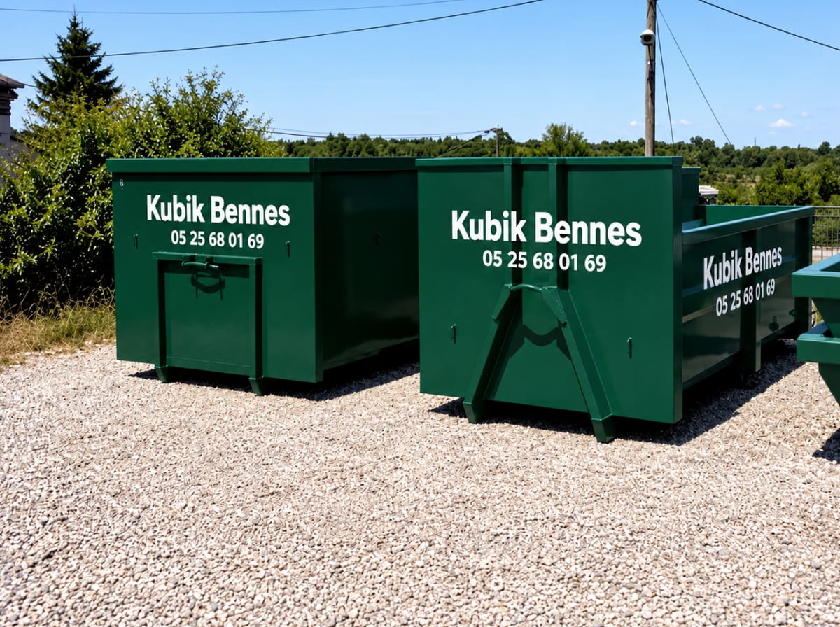 Bennes ampliroll vertes Kubik Bennes alignées sur le dépôt
