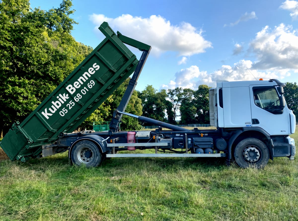 Camion ampliroll Kubik Bennes levant une benne verte sur un terrain herbeux