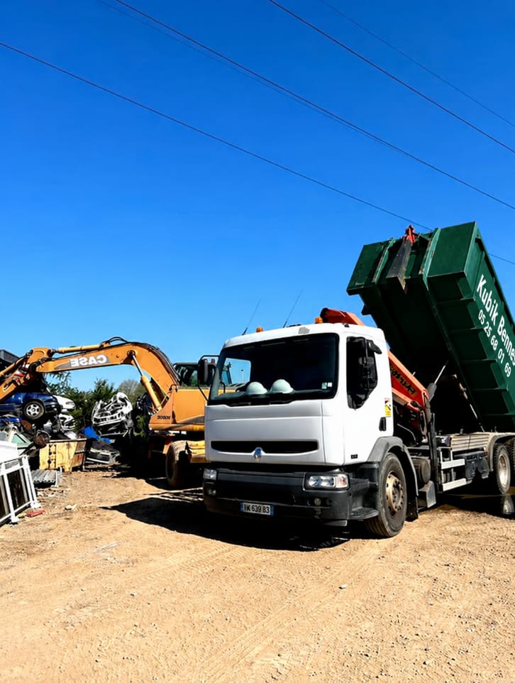 Camion porte-benne Kubik sur un chantier de ferraille avec une pelle mécanique
